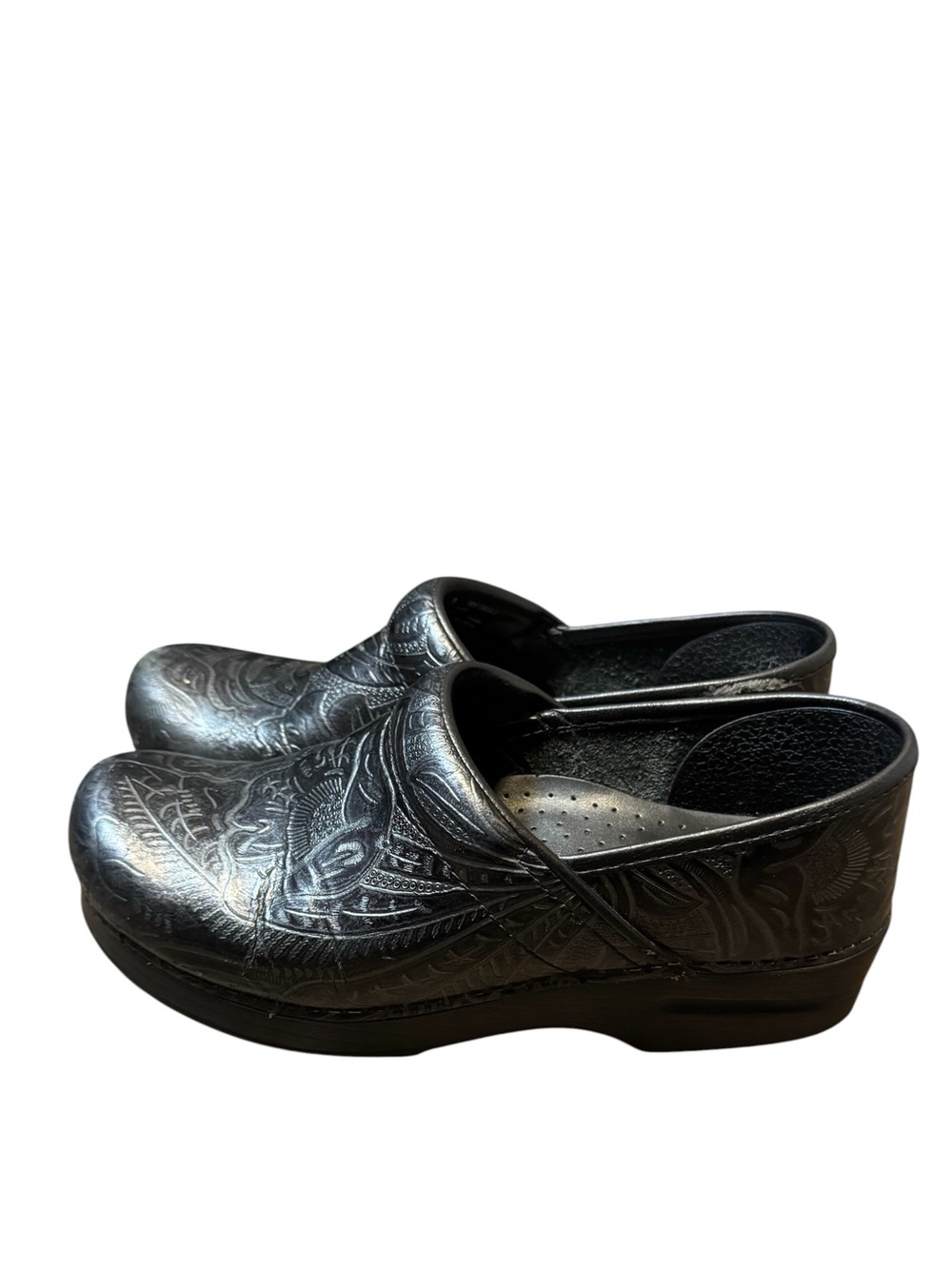 Dansko Black Embossed Leather Slip-On Clogs Unisex Size 38